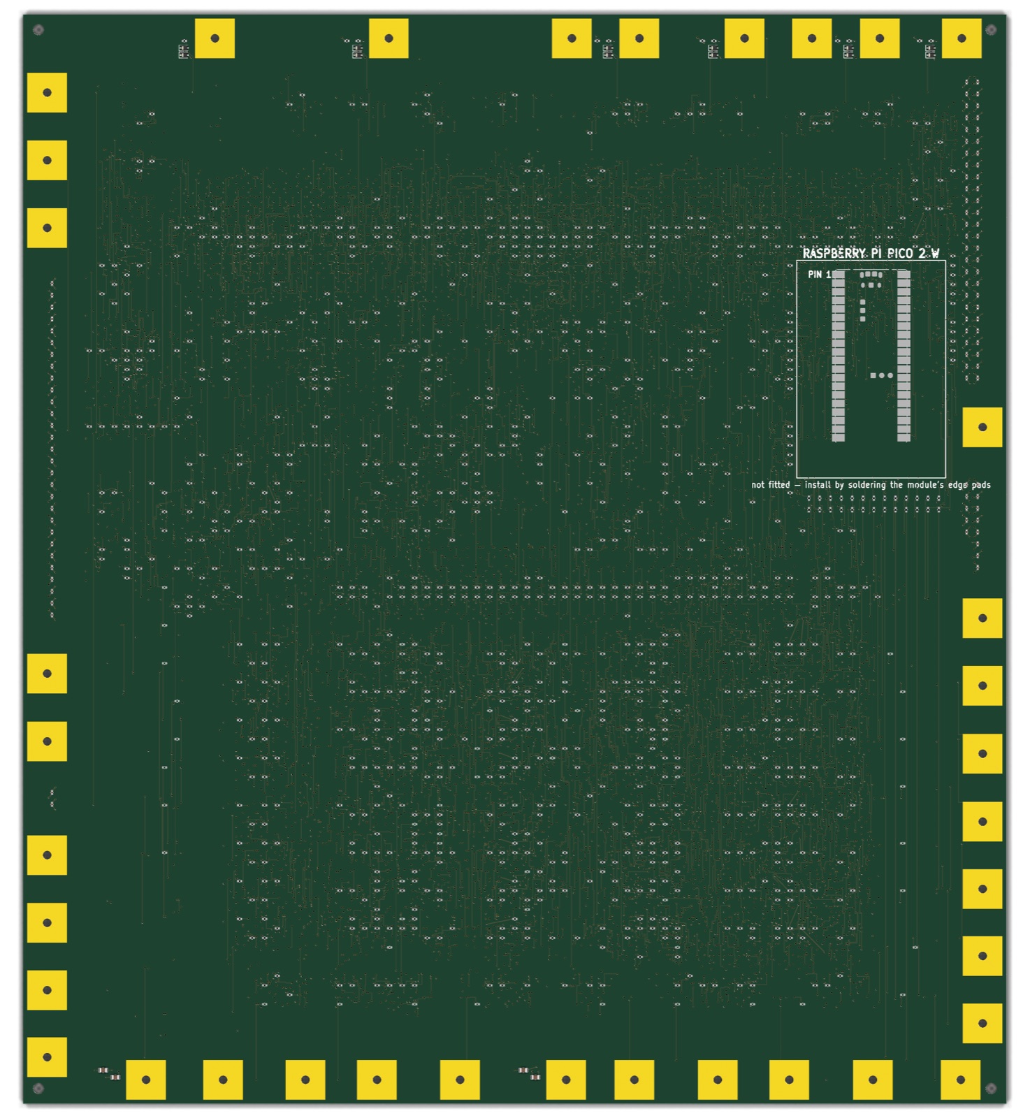 The back of the board: a rim of small passive components, a grid of resistors and capacitors, and the outline of the Pico module footprint.