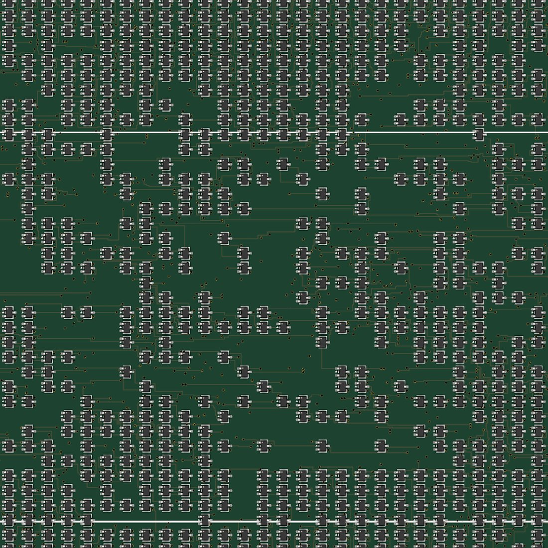 Close-up of the board showing individual surface-mount transistor packages in dense rows and scattered clusters, with fine copper traces between them.