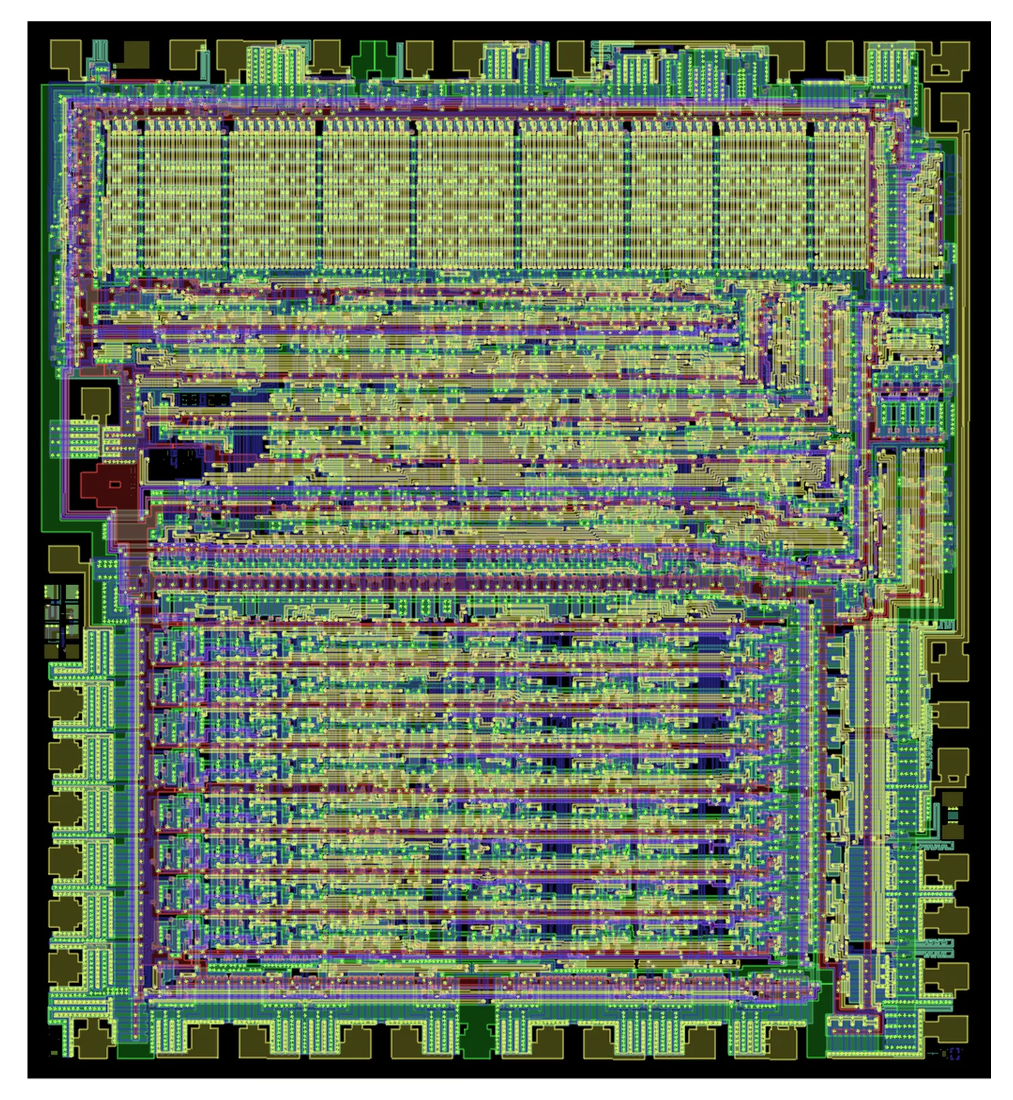 The traced layout of a real MOS 6502 die, showing the same blocks in the same places.