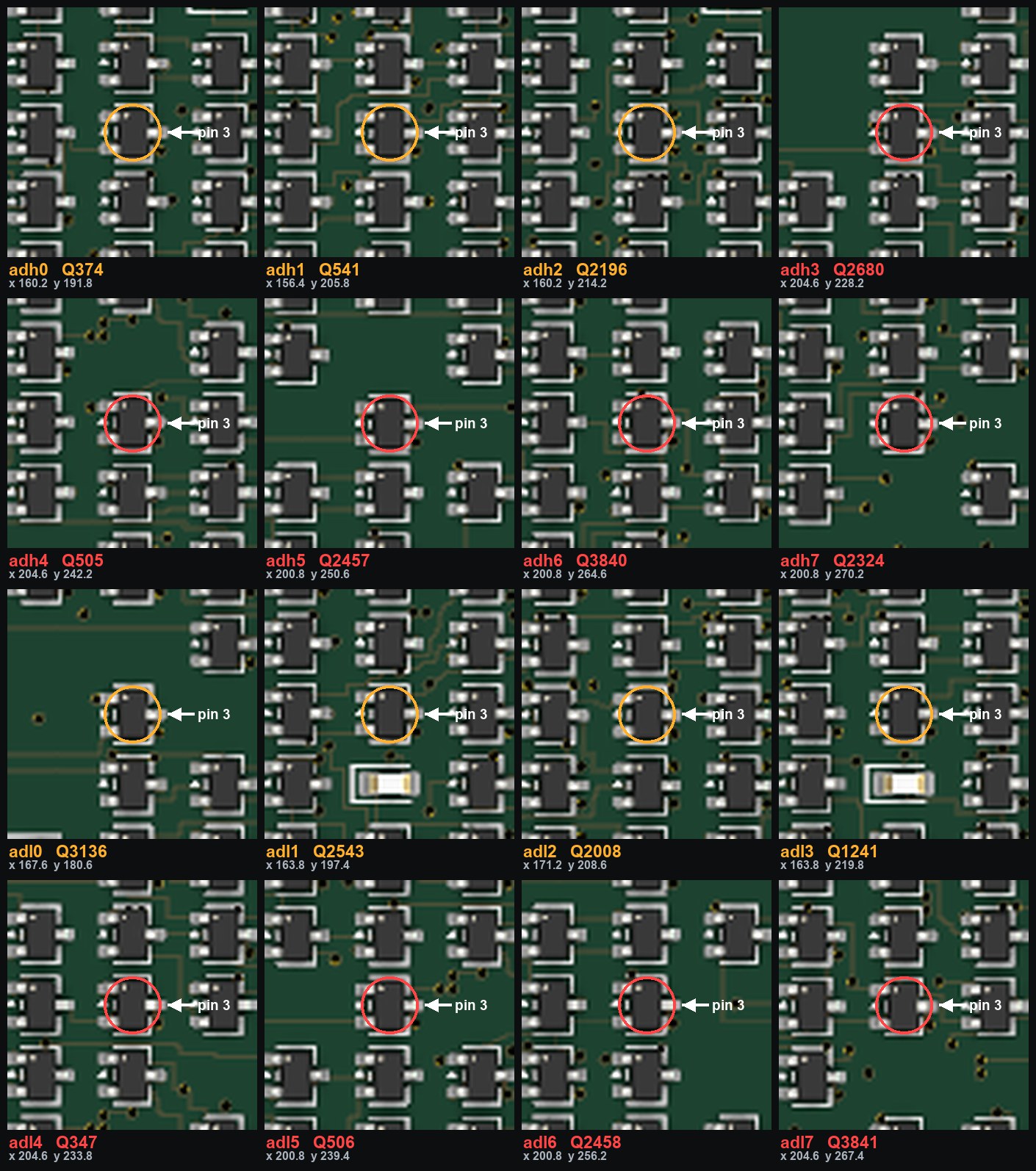 Contact sheet of sixteen board crops, each 10 mm square,
       one per rework site, with the target transistor ringed and labelled by net and designator.